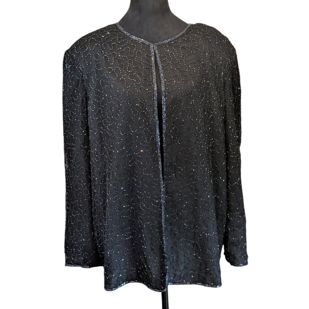 Vintage JMD New York 100% Silk Beaded Evening Duster Jacket Plus Size 1X Black